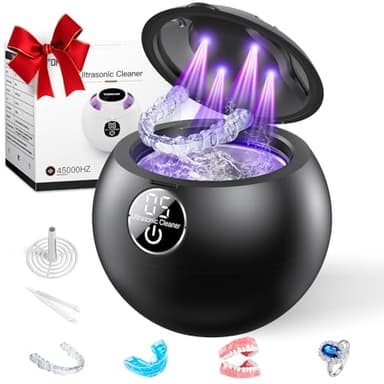 Ultrasonic Retainer Cleaner Machine,45kHz Ultrasonic Cleaner,UV Lamp 360°Cleaning for Dentures,Mouth Guard,Jewelry,Braces,Toothbrush Heads with 250 ML Dental Cleaning Pod, 6 Modes,Black - Image 1