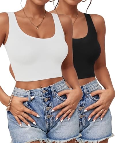 2Pcs Tank Tops for Women, U Neck Sleeveless Crop Tops, Basic Cropped Racerback Going Out Tops Athletic Sports Shirts, S, Black+White - Image 1