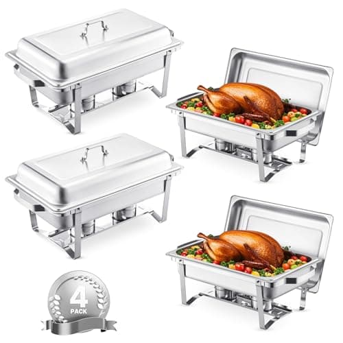 VEVOR Chafing Dish Buffet Set, 8 Qt 4 Pack, Stainless Steel Chafer with 4 Half Size Pans, Rectangle Catering Warmer Server with Glass Lid Water Pan Folding Stand Fuel Holder, for Wedding Party Banquet - Image 1