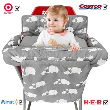 Soft Pillow Attached 2-in-1 Shopping Cart and High Chair Cover for Baby, Cotton Padded Cart Cover, Fold'n Roll Style, Portable with Carry Bag (Gray Elephant) - Image 3