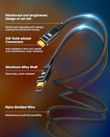 Snowkids 8K Certified HDMI 2.1 Cable 10 ft, 48Gbps Ultra High-Speed HDMI Cables Cord, 10K 8K@60Hz, 4K@120Hz Compatible for TV/Laptop/Monitor/PS-5/X-box/Projector/Entertainment/Sound System & More - Image 5