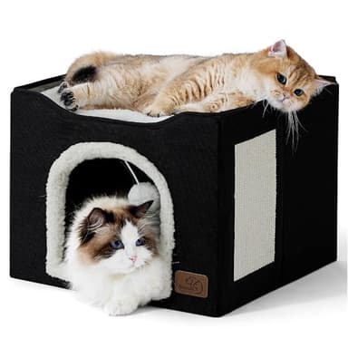 Bedsure Cat Beds for Indoor Cats - Large Cat Cave for Pet Cat House with Fluffy Ball Hanging and Scratch Pad, Foldable Cat Hideaway, 16.5x16.5x13 inches, Black - Image 1