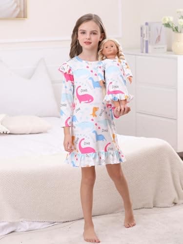 Bow Dream Toddler Girls Casual Dress and Matching American Girl Doll Clothes for GirlsWhite Dinosaur Size 130 - Image 3