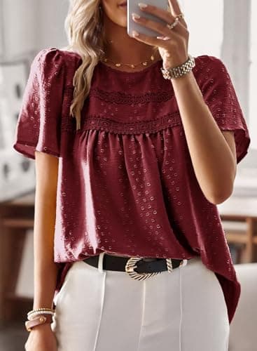 Falechay Babydoll Burgundy Tops for Women Swiss Dots Cute Pom Pom Chiffon Floral Blouse Lace Boho Round Neck Short Sleeve M - Image 4