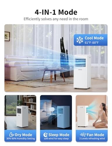 GRIDR Portable Air Conditioners, 8,000 BTU AC Unit for Bedroom with 4 Modes Cooling/Dehumidifier/Fan/Sleep, Up to 300 sq.ft, 45db Quiet, 24H Timer & Remote, Portable AC Unit for Room Indoors - Image 5