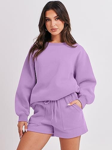 ANRABESS Women 2 Piece Outfits Sweat Shorts Sets 2025 Oversized Casual Lounge Matching Set Sweatsuit Tracksuit Fall Clothes Purple X-Large - Image 2