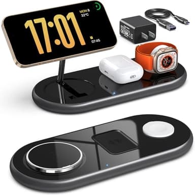 3 in 1 Charging Station for Apple Devices, Faster Mag-Safe Charger Stand, Magnetic Wireless Charger Station for iPhone 16 15 14 13 12 Series, for iWatch Ultra 10 9 8 7 SE 6 5 4 3, for AirPods (Black) - Image 1