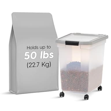 IRIS USA Airtight Dog Food Storage Container, WeatherPro, Up to 50 lbs, Removable Wheels, for Dog Cat Bird and Other Pet Food Storage Bin, Keep Fresh, Translucent Body, Made in USA, Clear/Gray - Image 2