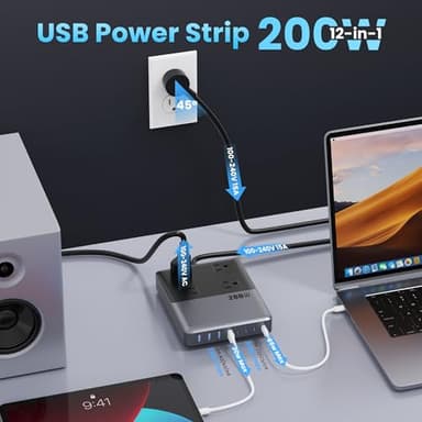 Kioson 12-in-1 Charging Station USB-C Power Strip with 5ft Cord and Plug, 200W GaN IV Charger Block, 4 AC Outlets, 4 USB A&C for MacBook,iPhone 16/15/14, Desktop Charger for Office, Home - Image 3