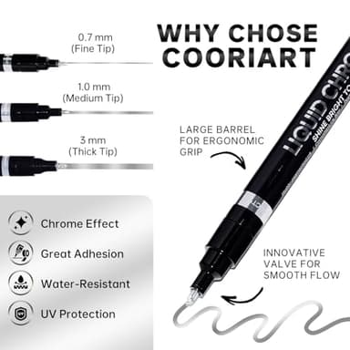 COORIART 3PK Liquid Chrome Markers - Permanent Mirror Chrome Pens, Chrome Paint Pens for Plastic, Metal, Model Painting, Touch Up & Repair Kit, Set of 3 Tips (0.7mm, 1mm, 3mm) - Image 2