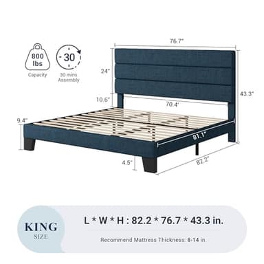 Allewie King Size Platform Bed Frame with Fabric Upholstered Headboard and Wooden Slats Support, Fully Upholstered Mattress Foundation/No Box Spring Needed/Easy Assembly, Navy Blue - Image 2