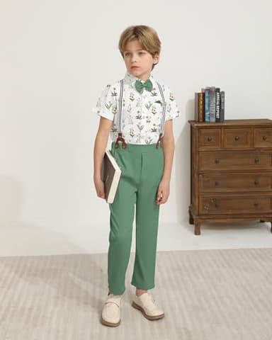 DISAUR Baby Boy Dress Clothes Printed Short Sleeve Shirt Grass Green Suspender Pants Boy Wedding Outfits 3t 4t 3-4t - Image 6