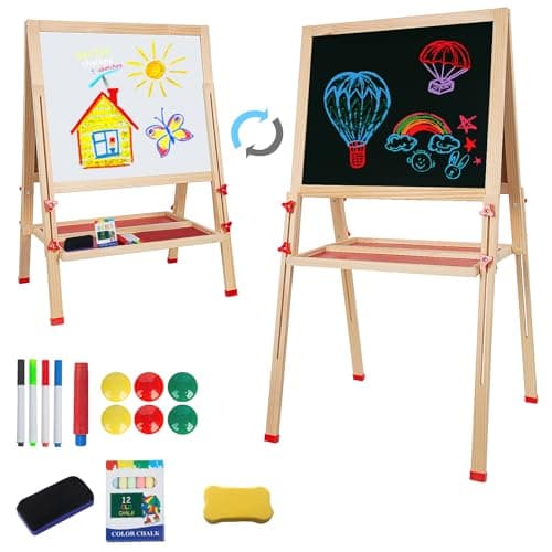 Adjustable Wooden Easel for Kids, Foldable Standing Art Easel for 3, 4, 5, 6, 7, 8 Years Old with Accessories, Drawing Painting Gifts for Boys & Girls Toddlers, Great Presents for Birthday - Image 1