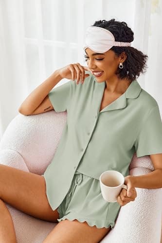 Ekouaer Pajamas Set for Women Short Sleeve Sleepwear Button Down Pjs Lounge Sets Soft Nightwear Aqua Green Medium - Image 3