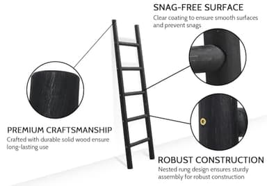 FUIN 57in Wood Blanket Ladder Living Room Decorative Wall Leaning Farmhouse Quilt Display Holder Rustic Wooden Towel Rack for Bathroom, Black - Image 3