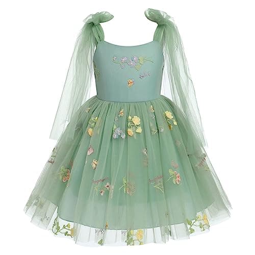 Fairy Dress Toddler, Party Dress for Baby Girl Boho Lace Hippie Flower Puffy Wedding Birthday Dance Evening Gown for Kids Baptism Photography Summer Halter Floral Clothes Sage Green 3-4T - Image 1