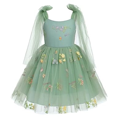 Fairy Dress Toddler, Party Dress for Baby Girl Boho Lace Hippie Flower Puffy Wedding Birthday Dance Evening Gown for Kids Baptism Photography Summer Halter Floral Clothes Sage Green 3-4T - Image 1