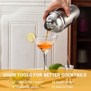Bartender Kit Cocktail Shaker Set, Stainless Steel Cocktail Kit with 12 Piece Bar Accessories, 25oz Shaker Bar Set Drink Mixer Set with Stand Jigger Strainer Spoon Muddler for Cocktails (Silver) - Image 4