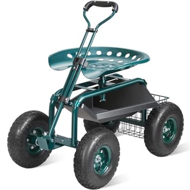 VEVOR Garden Cart Rolling Workseat with Wheels, Gardening Stool for Planting, 360 Degree Swivel Seat, Wagon Scooter with Steering Handle & Utility Tool Tray, Use for Patio, Yard, and Outdoors, Green - Image 1