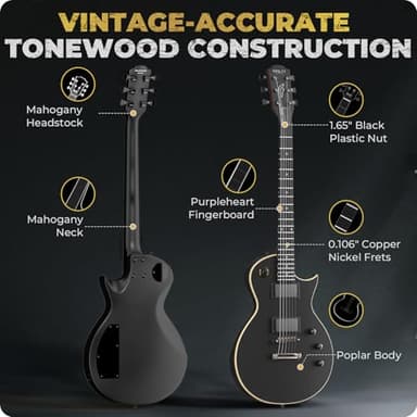 Fesley 39" LP Electric Guitar Kit: Full Size Solid Body Electric Guitars for Beginners with Humbucker Pickups, Poplar Body, Mahogany Neck,22 Frets,6 String Guitar with Gig Bag,Cable,FLP350,Matte,Black - Image 2