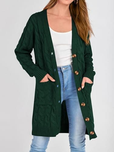 PRETTYGARDEN Long Sleeve Cable Knit Long Cardigan for Women 2025 Fall Winter Chunky Open Front Button Sweaters with Pockets(Dark Green,Small) - Image 2