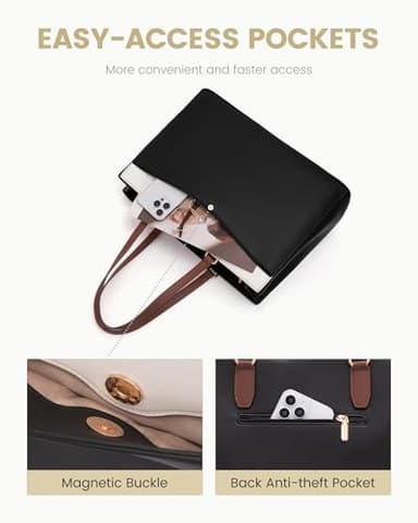 LOVEVOOK Laptop Tote Bag for Women, Work Bags Teacher Tote Bag, Waterproof Leather Computer Bag, Business Laptop Purse Office Handbag Professional Briefcase, 17 Inch, Black-Beige-Brown - Image 2