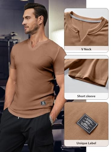 JMIERR Men's Muscle Shirt V Neck Slim Longline Short Sleeve Henley Shirt Gym Workout Athletic Tees Shirts Mens Tights for Sports,US 46(XL) A Brown - Image 4