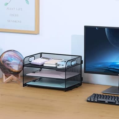 NCXTKJ 3-Tier Letter Tray Paper Organizer with Handle, Compact Mesh Desk File Organizer for Home Office Supplies Desktop Accessories,Black - Image 2