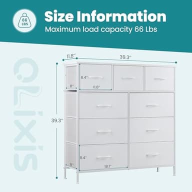 OLIXIS Dresser for Bedroom, 9 Storage Drawers, Wide Fabric Closet Chests Organizer Tower Furniture, TV Stand with Wooden Top Metal Frame for Clothes, Living Room, Hallway, Entryway, Classic White - Image 4