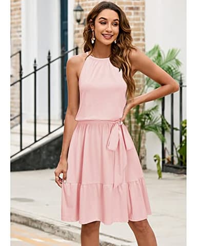 Newshows Women's 2025 Summer Dress Halter Casual Beach Vacation Outfits Hawaiian Dresses Ruffle Belted Sundress with Pockets(Pink, S) - Image 4