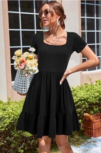 Newshows Summer Dresses for Women 2024 Short Sleeve Square Neck Babydoll Dresses Casual Beach Vacation Outfits Aline Ruffle Flowy Sundress Trendy with Pockets(Black,L) - Image 2