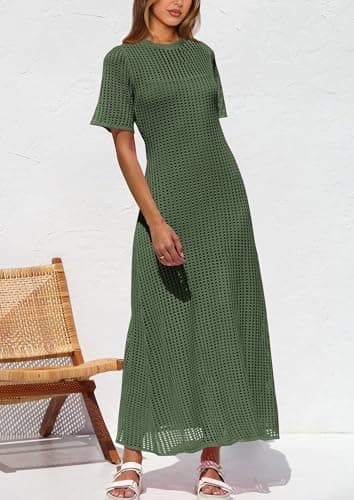 PRETTYGARDEN Womens Eyelet Cover Up Dress 2025 Summer Vacation Resort Maxi Dresses Beach Short Sleeve Hollow Out Sundress (Army Green,Large) - Image 3