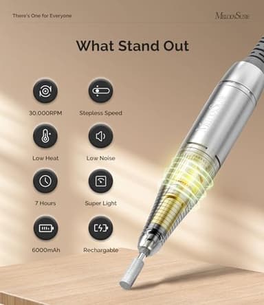 MelodySusie Professional Nail Drill, 30000 RPM Rechargeable Electric E File, SC320H Acrylic Gel Grinder Tools,Portable Nail Drill with 6 Bits Efile for Gel Nails Removing Manicure Pedicure Salon - Image 2