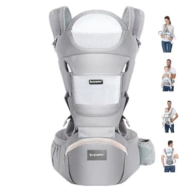 KIYUMI Baby Carrier with Hip Seat, 6- in-1 Baby Carrier Newborn to Toddler, Ergonomic M Position, Head Support and Breathable Mesh,Adjustable Removable Baby Sling Carrier (7-45 lbs), Grey - Image 1