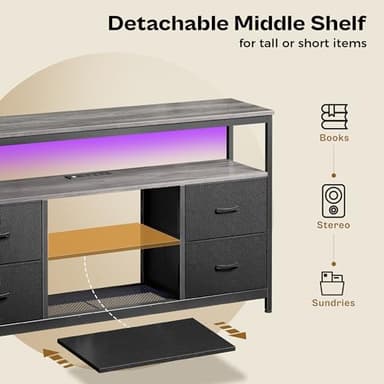 Huuger TV Stand Dresser with Power Outlets and LED Lights, 4 Drawers Entertainment Center with Shelves, 54in Media Console for 55 60 Inch TV, Dresser with PU Finish, Grey and Black - Image 5