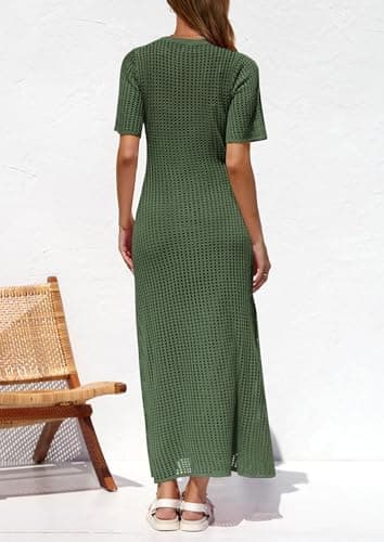 PRETTYGARDEN Womens Eyelet Cover Up Dress 2025 Summer Vacation Resort Maxi Dresses Beach Short Sleeve Hollow Out Sundress (Army Green,Large) - Image 2