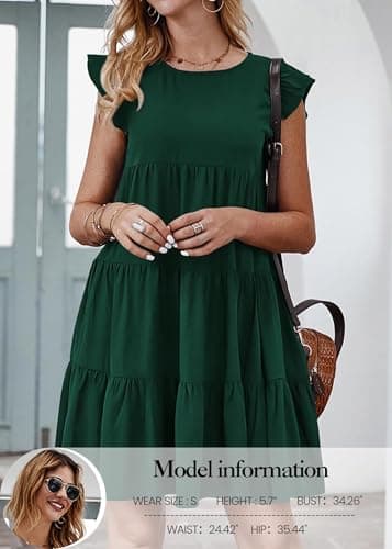 KIRUNDO Women's Summer Mini Dress Sleeveless Ruffle Sleeve Round Neck Solid Color Loose Fit Short Flowy Pleated Dresses (Dark Green, Large) - Image 2