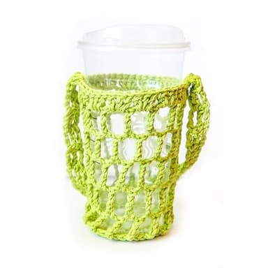 Crochet Mesh Coffee Drink Carrier Holder (Emerald) - Image 3