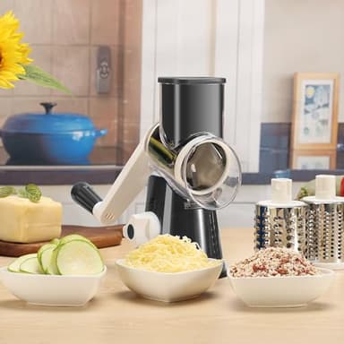 Cambom Rotary Cheese Grater Hand Crank Cheese Shredder for Fresh Cheese, Vegetable, Nuts,Non-slip Suction Base, Free Cleaning Brush Three Blades, Black - Image 2