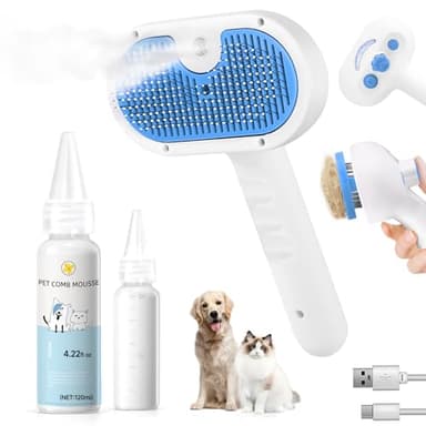 Pet Steam Brush for Dog & Cat - 3-in-1 Steam Grooming Brush for Shedding & Hair Removal - Self Cleaning Spray Comb with Mist for Long Haired Pets - Includes 1*Waterless Shampoo, Blue - Image 1