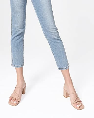 Shoe'N Tale Strappy Heels For Women Low Chunky Block Heel Heeled Sandals Square Open Toe Slip On Slides Mules(6,Nude) - Image 6