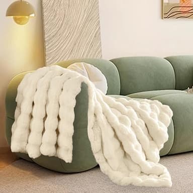 PU MEI Cozy Thick Fuzzy Faux Rabbit Fur Throw Blanket, Double Sided Luxury Comfy Cute Furry Bubble Blanket for Winter, Plush Warm Shaggy Fluffy Small Blankets for Sofa Bed, (Soft-Beige, 50"*60" - Image 4