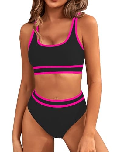BMJL Women's High Waisted Bikini Sets Sporty Two Piece Swimsuit Color Block Cheeky High Cut Bathing Suits(M,Black Pink) - Image 1