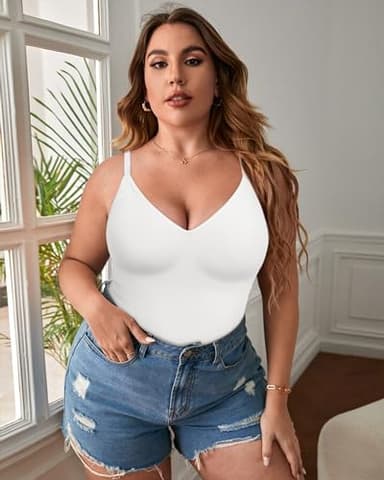 EUYZOU Womens 3PK Tummy Control Shapewear Tank Tops Seamless V-Neck Compression Tank Tops Body Shaper Camisole, Black/White/Nude M - Image 5