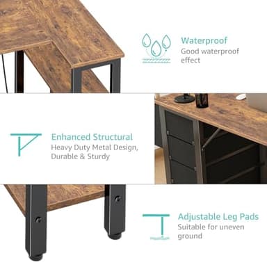 Lufeiya L Shaped Desk with Drawers & Storage Shelves, 47 Inch Small Reversible Corner Desk with Power Outlet for Home Office Bedroom, L-Shaped Gaming PC Computer Desks with Fabric Drawer, Rustic Brown - Image 9