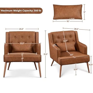 Yaheetech Accent Chair, Living Room Chair Mid Century PU Leather Armchair Lumbar Pillow, Comfy Upholstered Reading Chair Wood Leg Bedroom Lounge Brown - Image 3