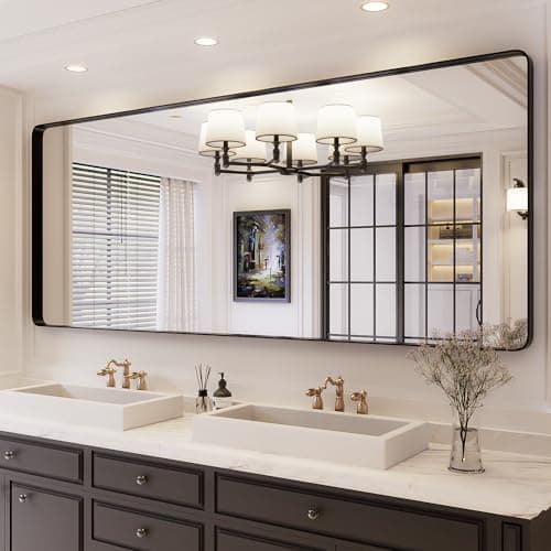 ISKM Black Framed Mirror for Wall 84"x 32", Large Bathroom Mirror Anti-Rust, Tempered Glass, Rounded Rectangle Mirror(Horizontal/Vertical) - Image 1