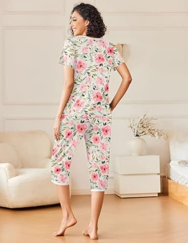Ekouaer Womens Pajama Sets Short Sleeve Sleepwear Top and Capri Pants 2 Piece Loungewear With Pockets, White/Pink/Flower, X-Large - Image 5