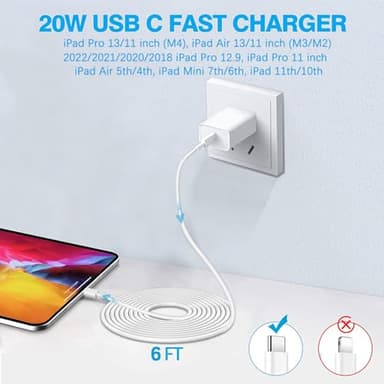 USB C Fast Charger for Apple iPad Pro 13/12.9/11 in 2025-2018,iPad 11th(A16),iPad Air 5th/Mini 7th,iPhone 17/16/15 Series,USB C Charger Fast Charging Adapter Wall Block with 6FT USBC to C Cable Cord - Image 2