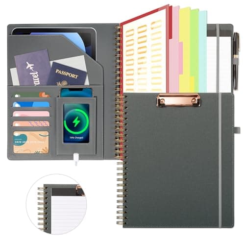Clipboard with Storage for Men Women, Leather Padfolio Portfolio Organizer 5 Folders with 10 Pockets, Spiral Clipboard Folio with Notepad for Letter Size, Elastic Closure and Pen Loop Grey - Image 1